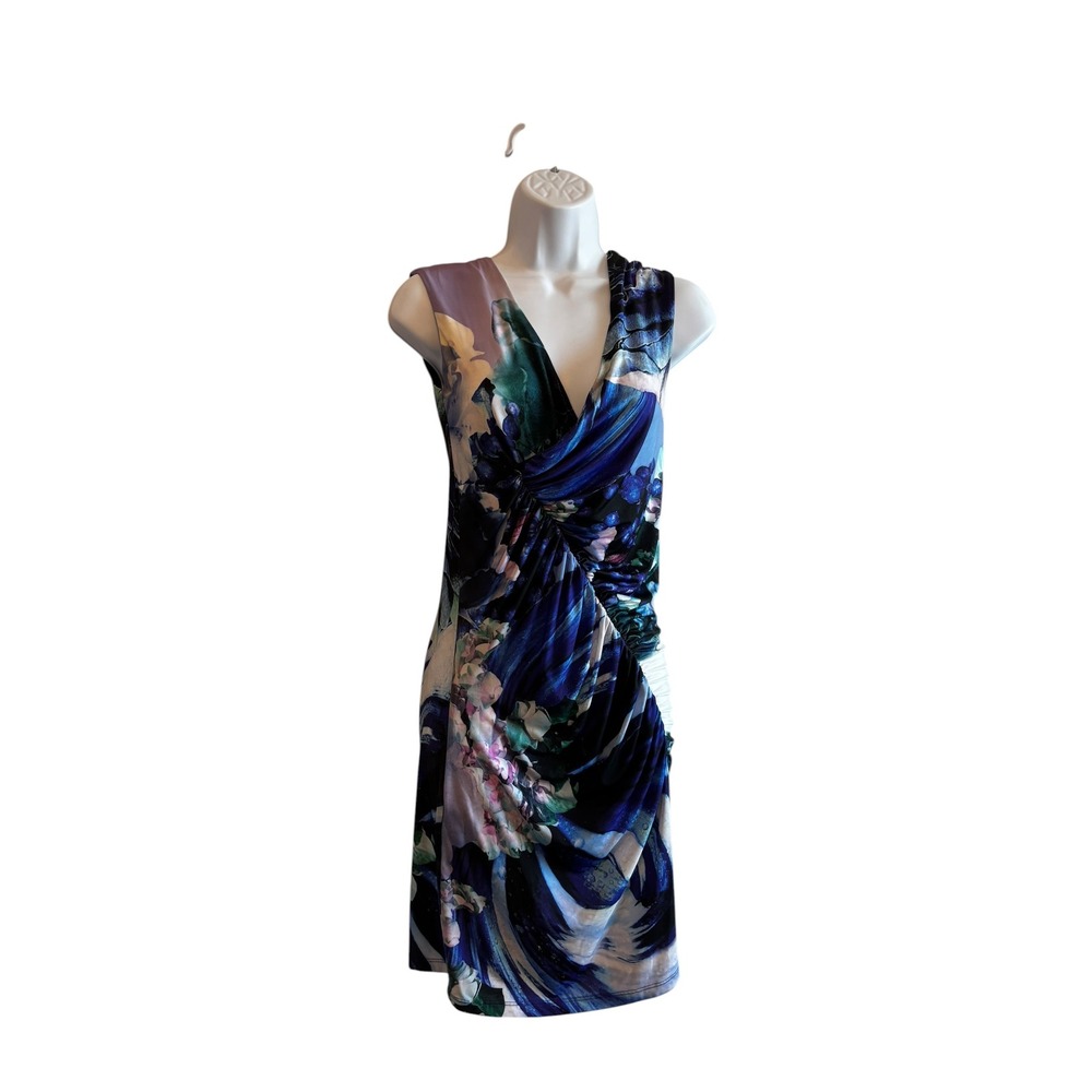 Roberto Cavalli Sheath Dress S Blue Floral Ruched Italian Designer Bodycon Y2K